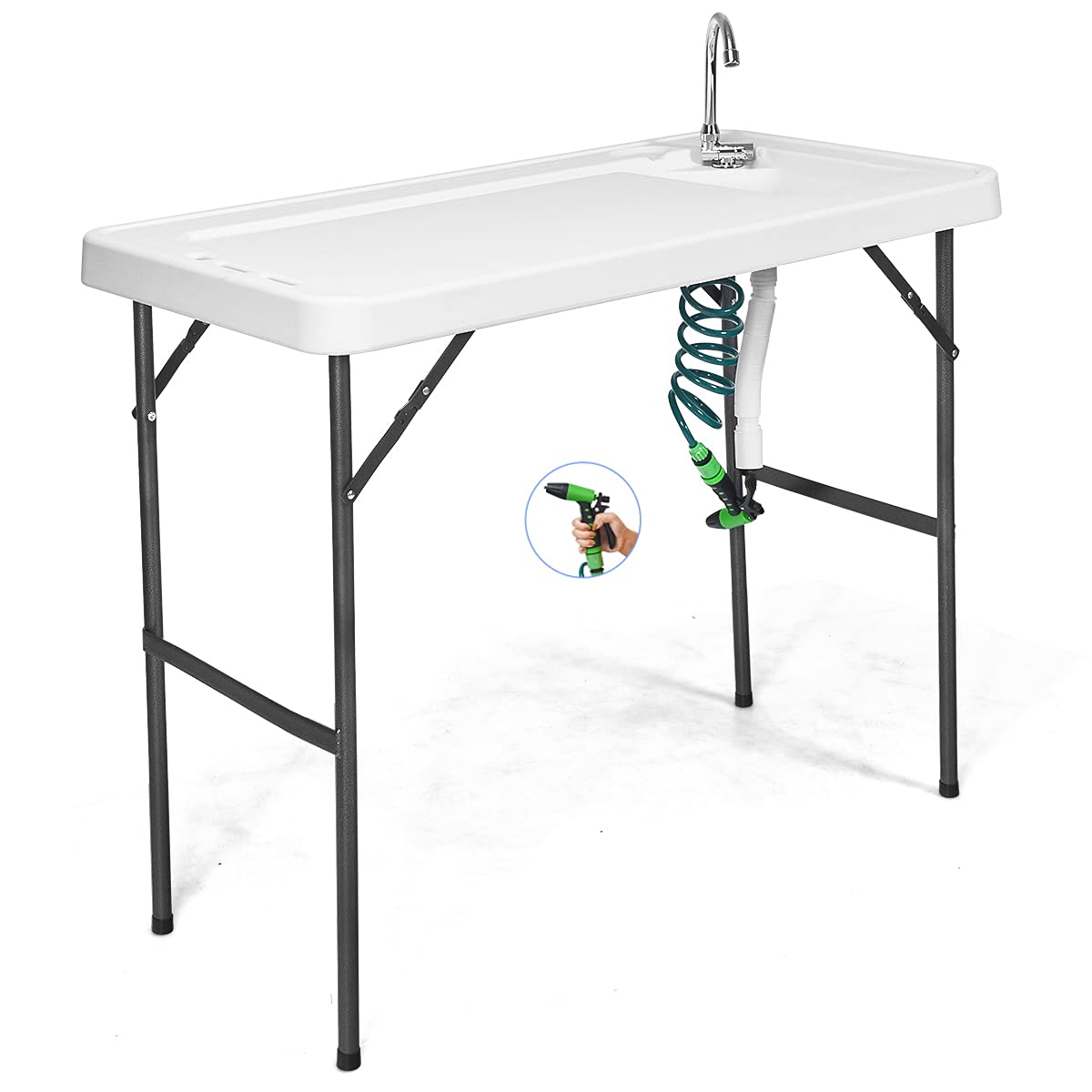 GYMAX fish cleaning table with sink for outdoor filleting.