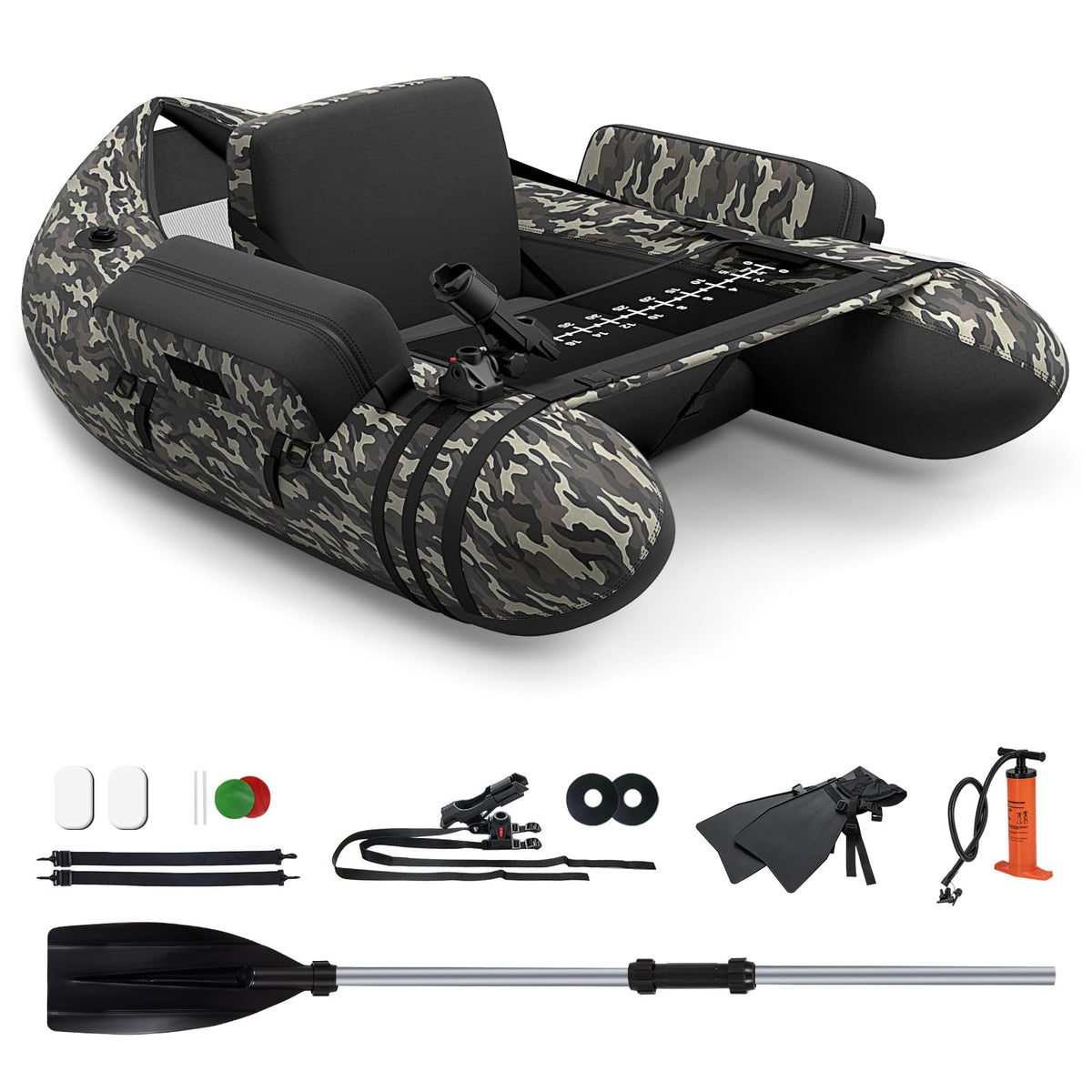 GYMAX camouflage fishing float tube offers stable, hands-free setup for calm-water angling.