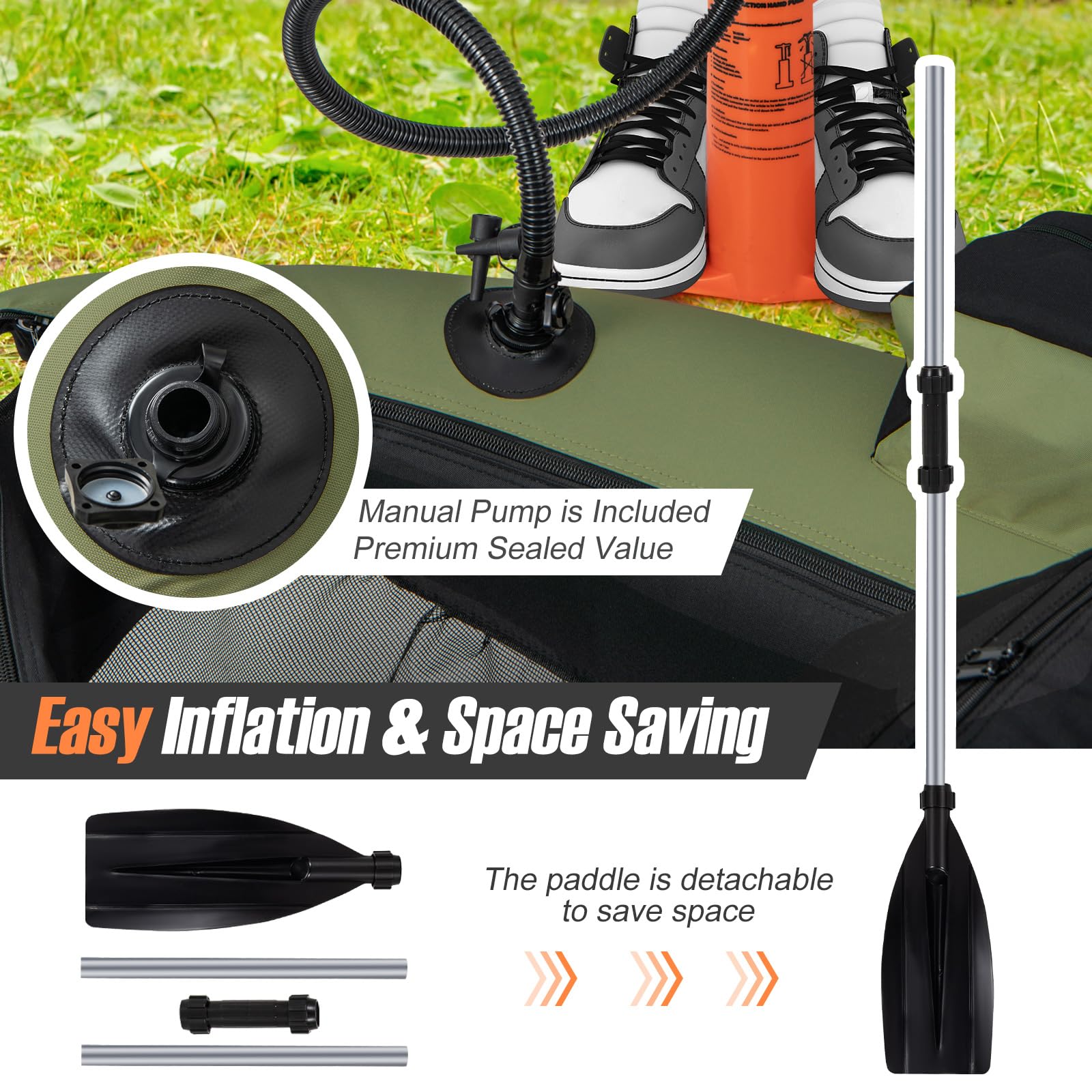 GYMAX float tube green with 360-degree rod holder for hands-free fishing.