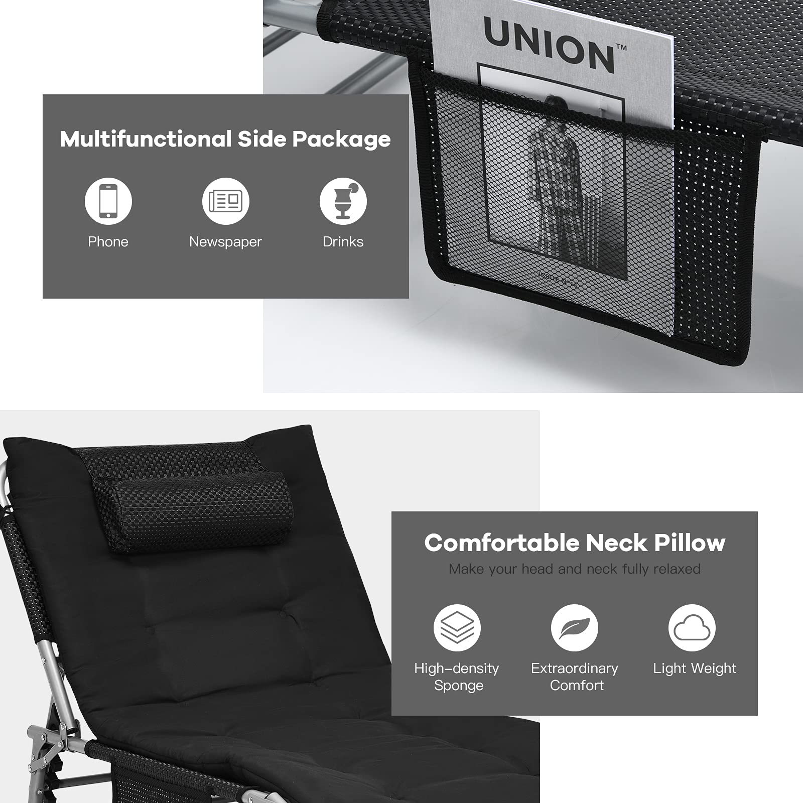 GYMAX foldable lounger with carry handle for easy transport.