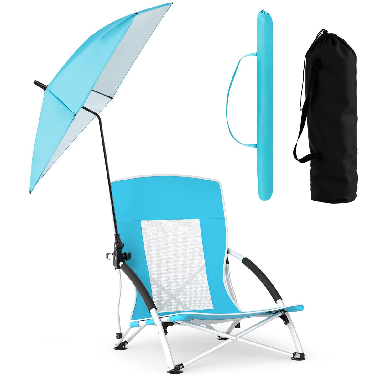 GYMAX folding beach chair with blue umbrella offers portable shade.