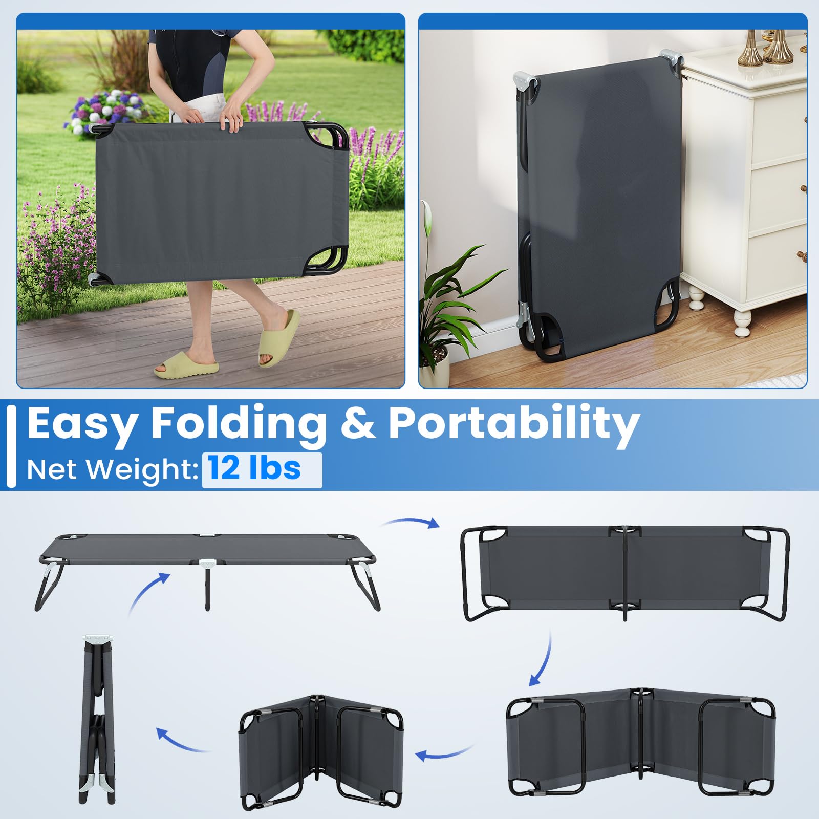 GYMAX cot features anti-slip pads to prevent movement on slick surfaces