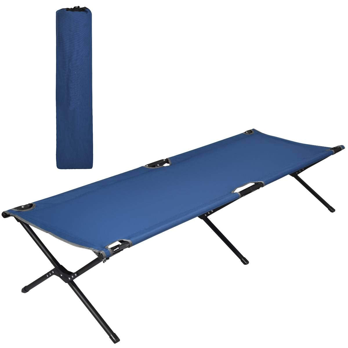 GYMAX folding camping cot with sturdy steel frame supports up to 300lbs.