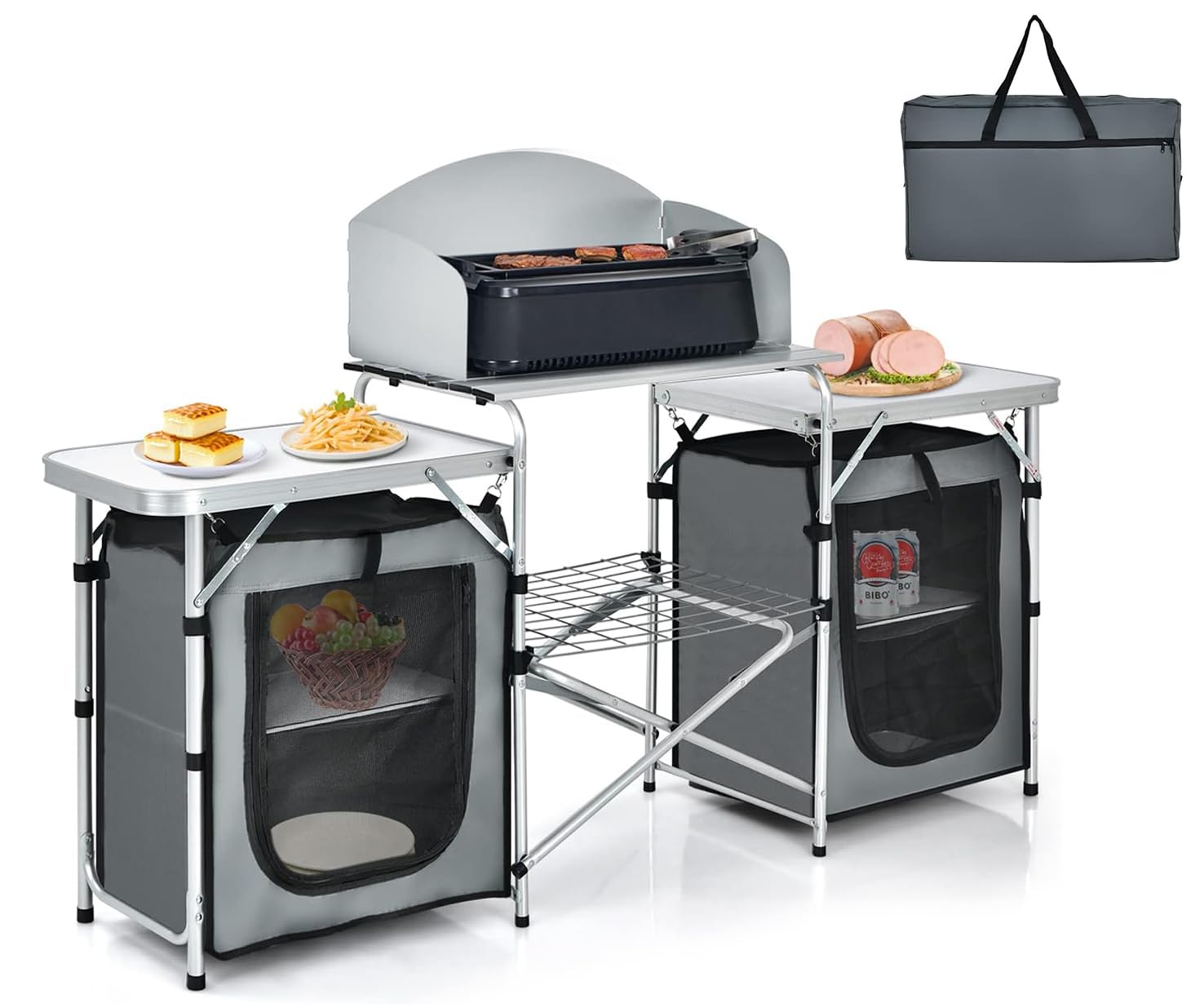 GYMAX folding camping table with aluminum top, ideal for outdoor cooking.