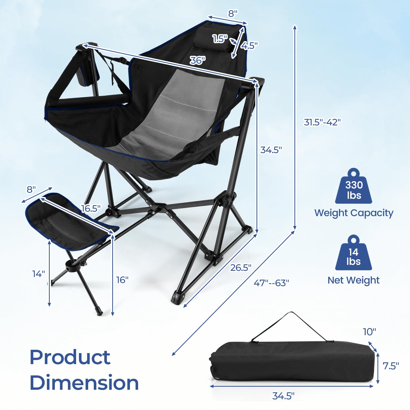 GYMAX hammock camping chair with detachable footrest extended for leg comfort