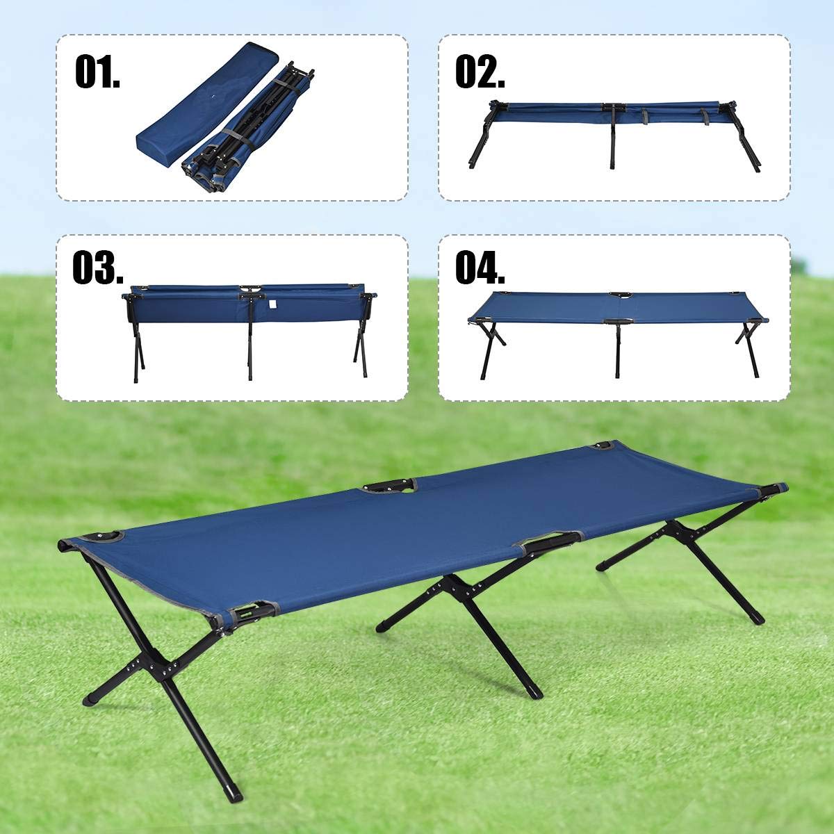 GYMAX heavy-duty portable military cot in blue for outdoor camping and travel.