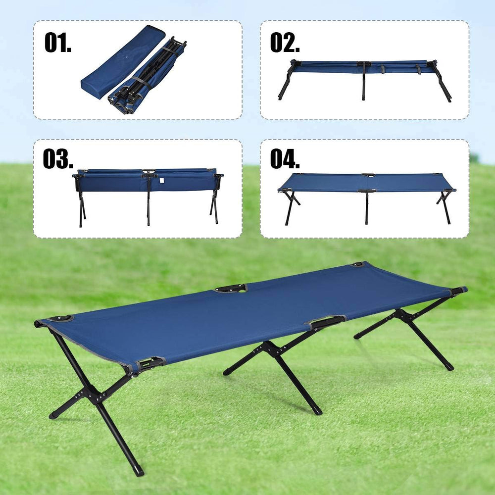 GYMAX heavy-duty portable military cot in blue for outdoor camping and travel.