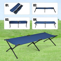 GYMAX heavy-duty portable military cot in blue for outdoor camping and travel.