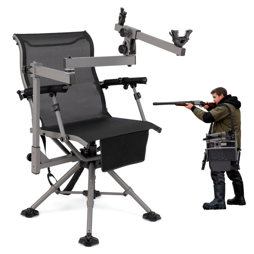 GYMAX hunting chair with gun rest showing 360° rotation for precise positioning