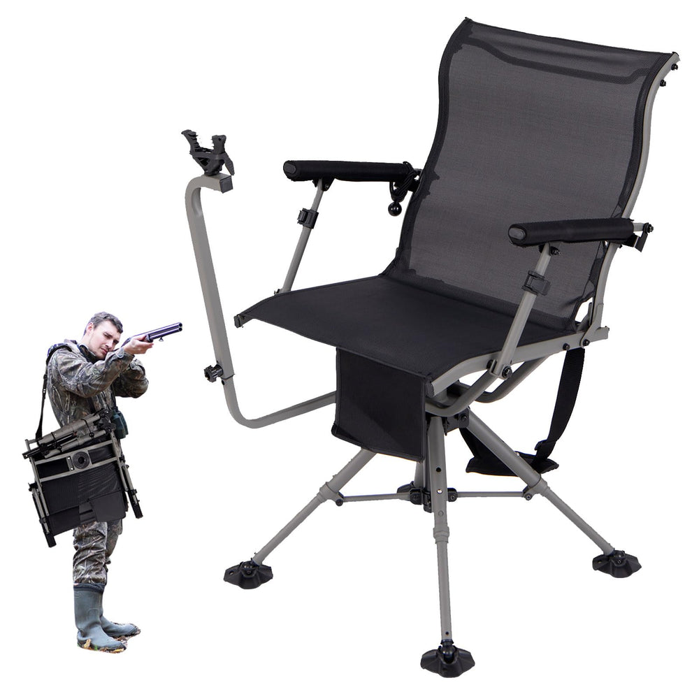 GYMAX hunting chair with gun rest extended for steady aiming and comfort.