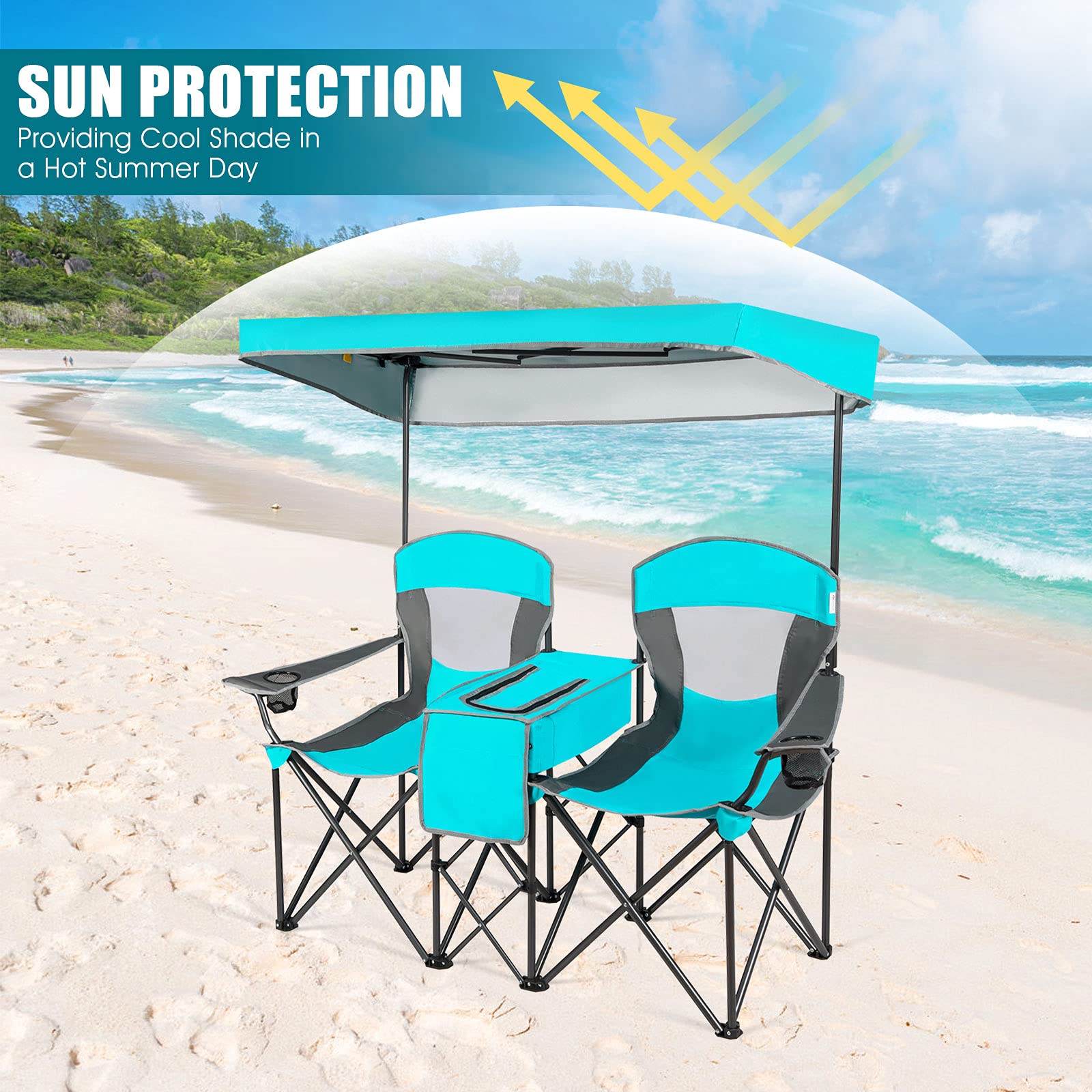 GYMAX built-in cooler between seats keeps drinks within reach.