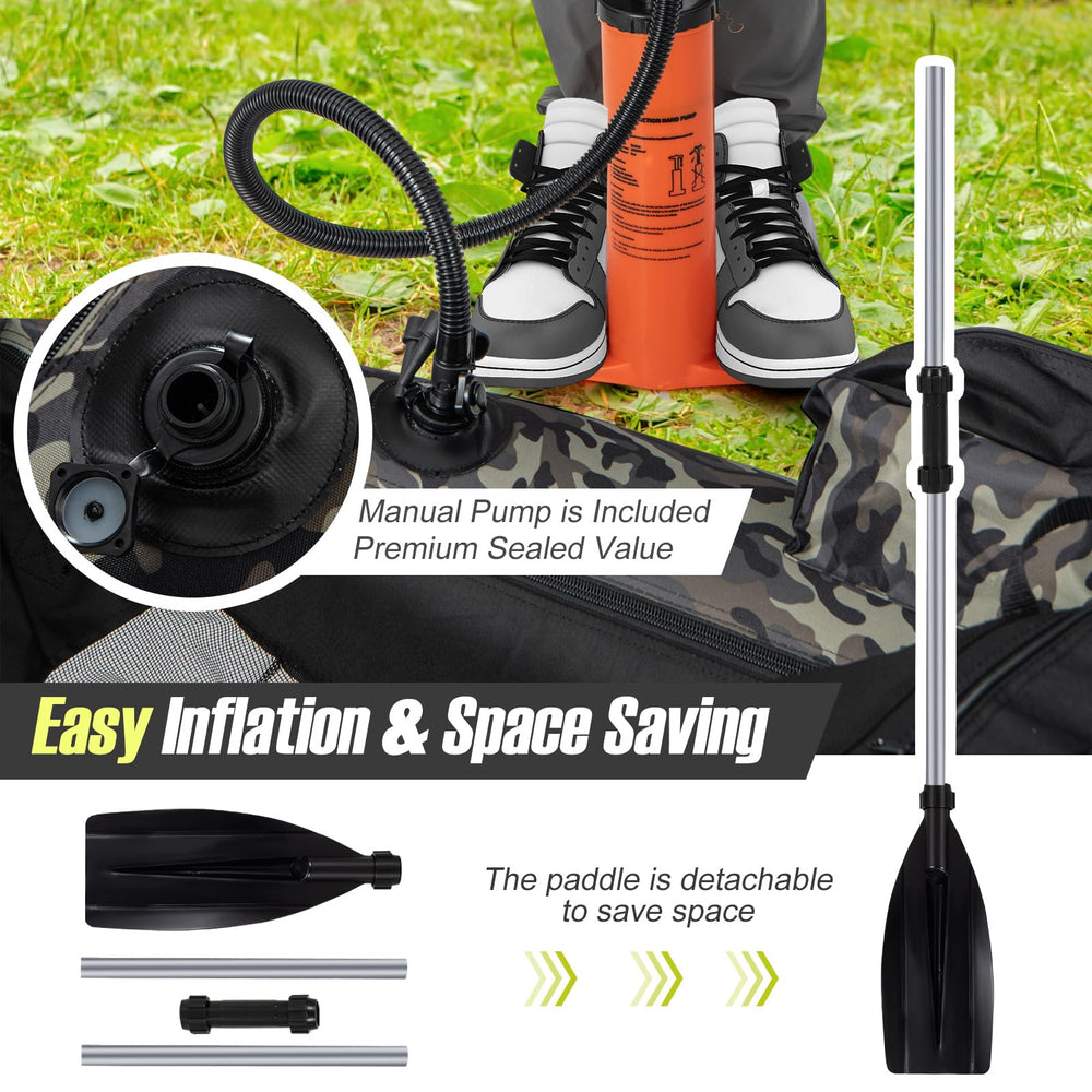 GYMAX inflatable boat supports up to 350 lbs for secure fishing adventures.