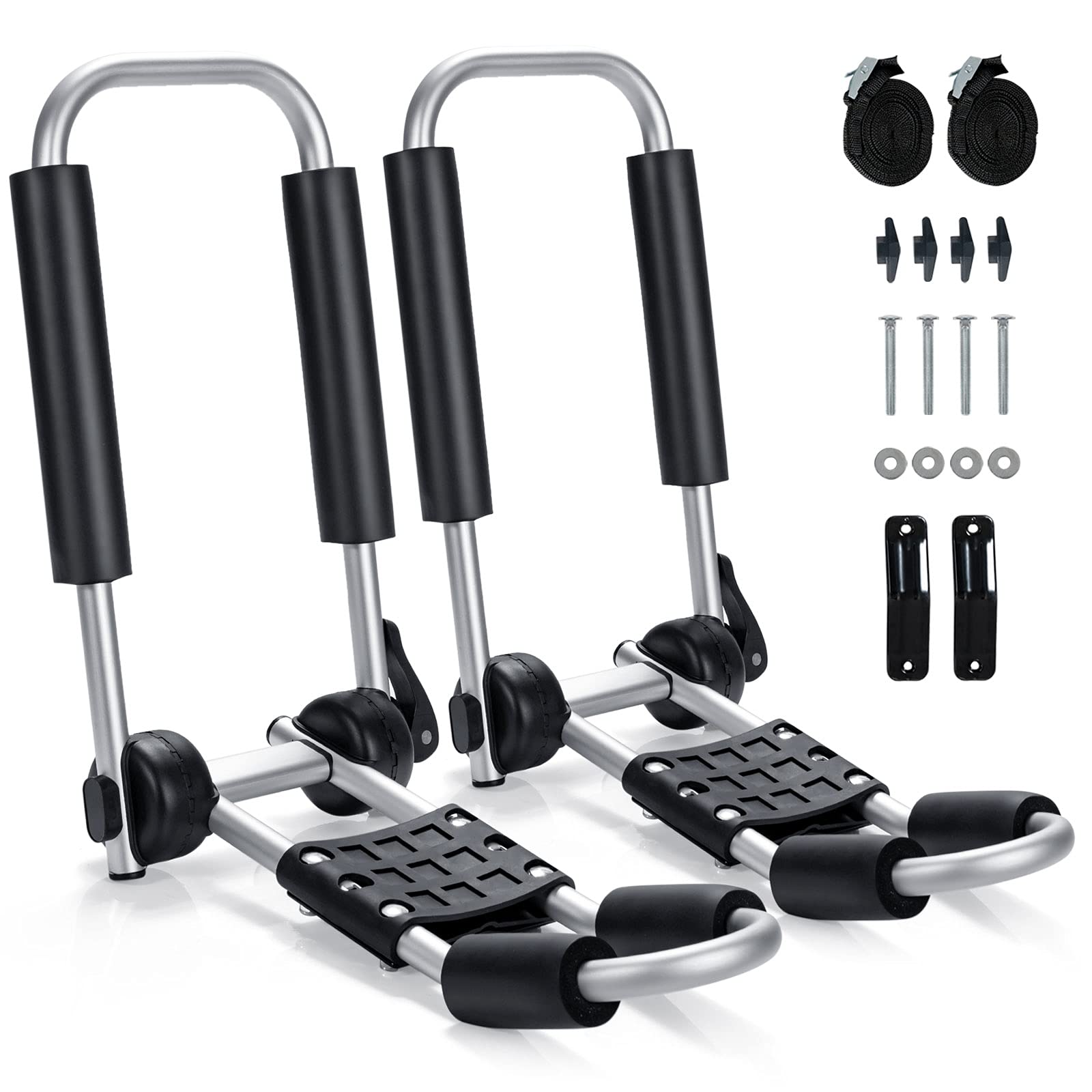 GYMAX J-Bar kayak roof rack with foldable main for secure transport on vehicles.