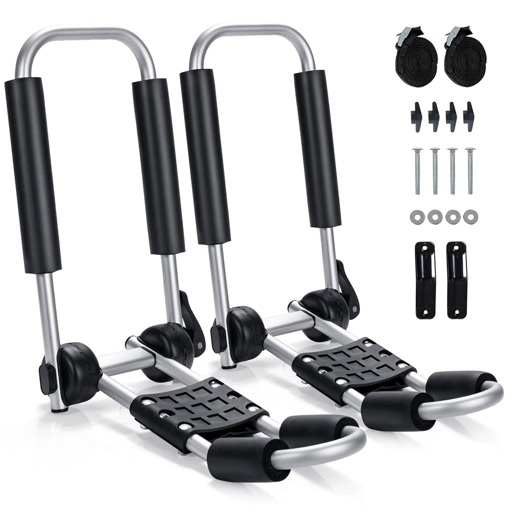 GYMAX J-Bar kayak roof rack with foldable main for secure transport on vehicles.