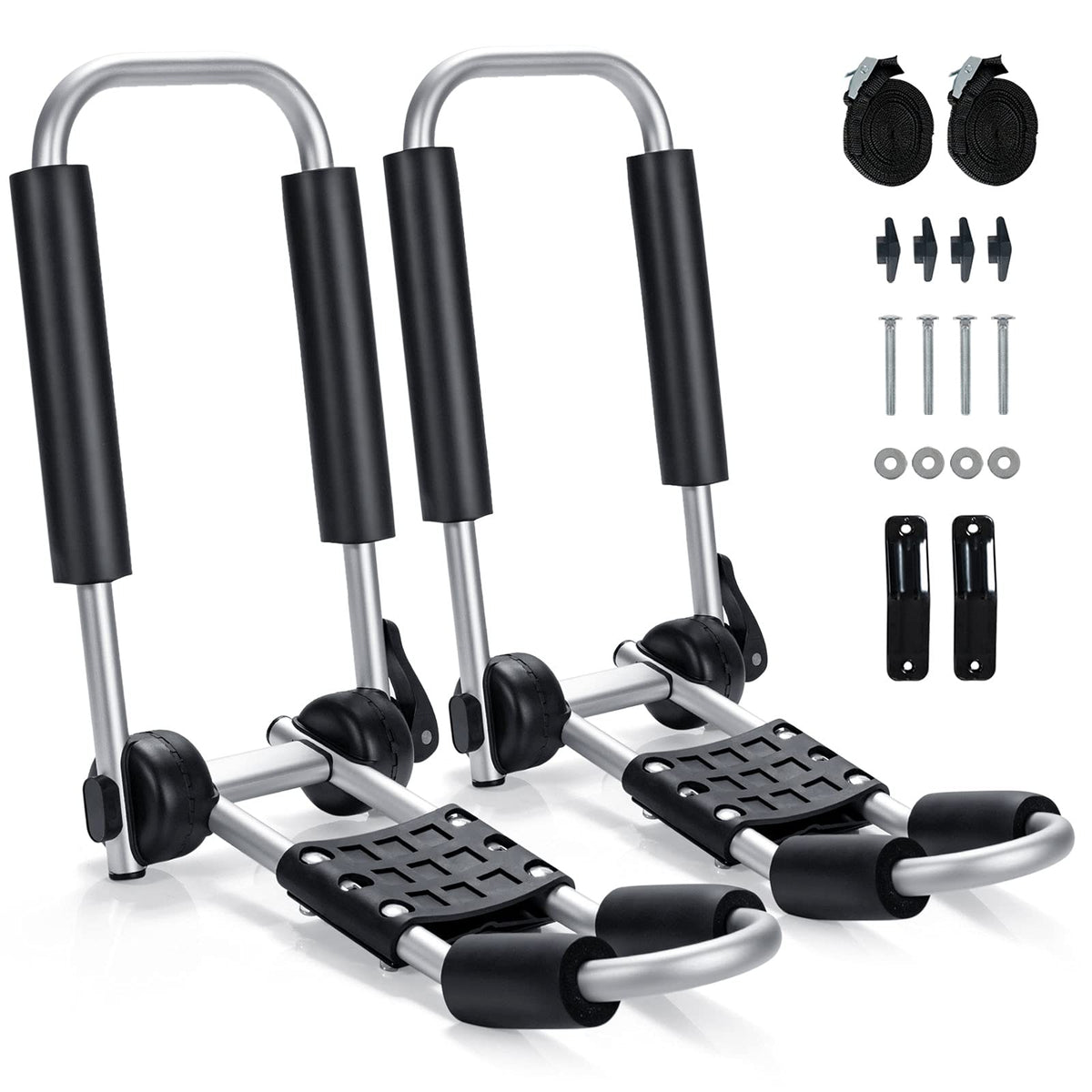 GYMAX J-Bar kayak roof rack with foldable main for secure transport on vehicles.