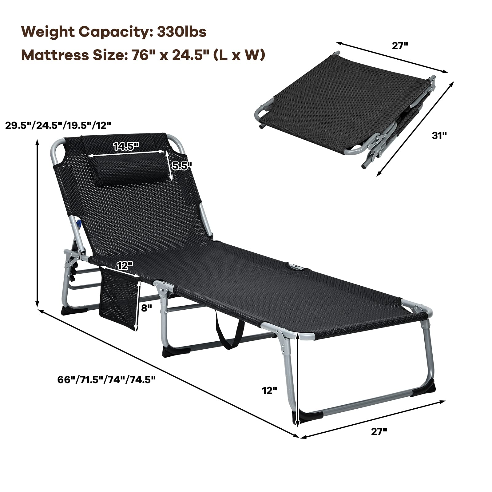 GYMAX lounge chair showing two-level footrest for customizable comfort.
