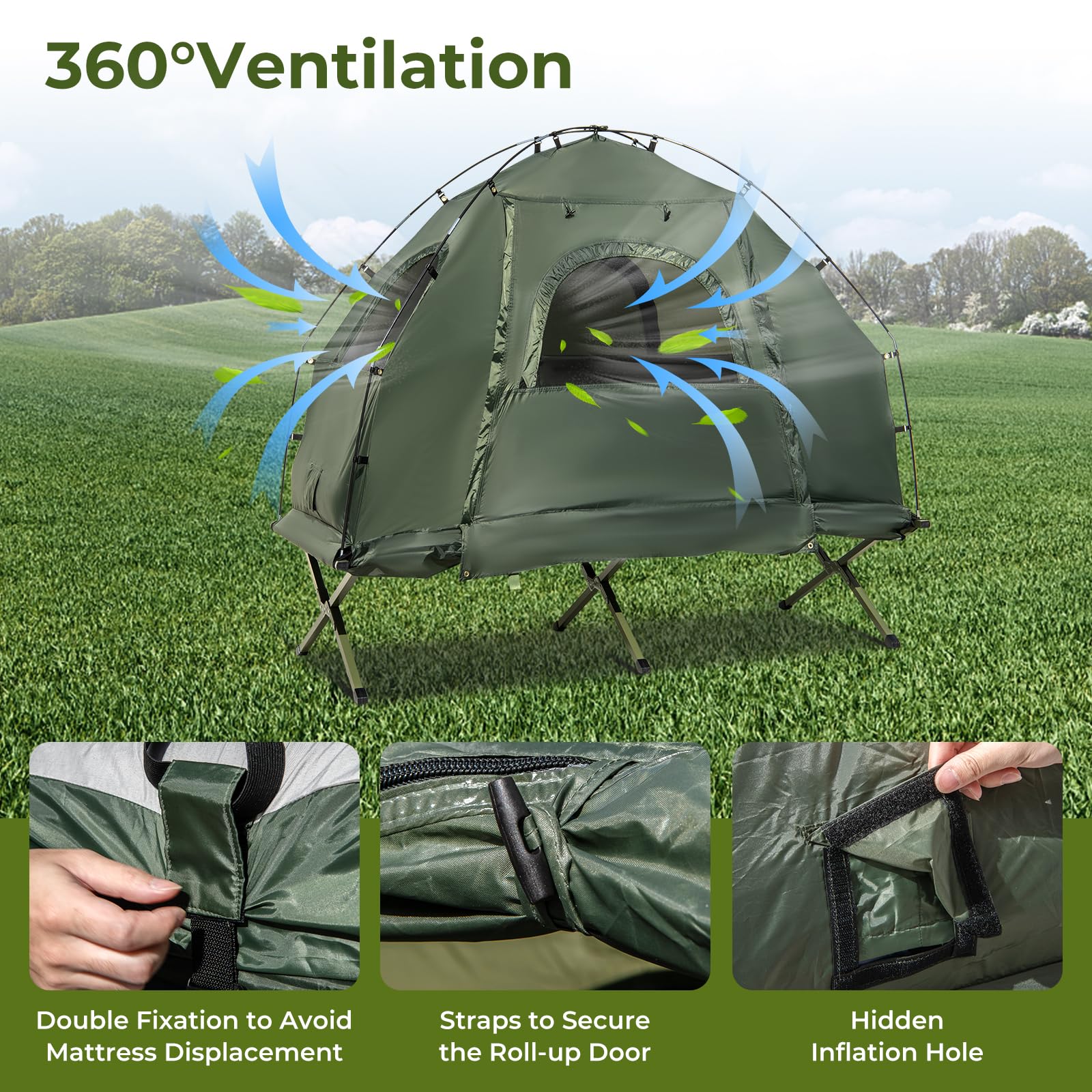 GYMAX single-person setup image demonstrates quick, solo camping readiness.