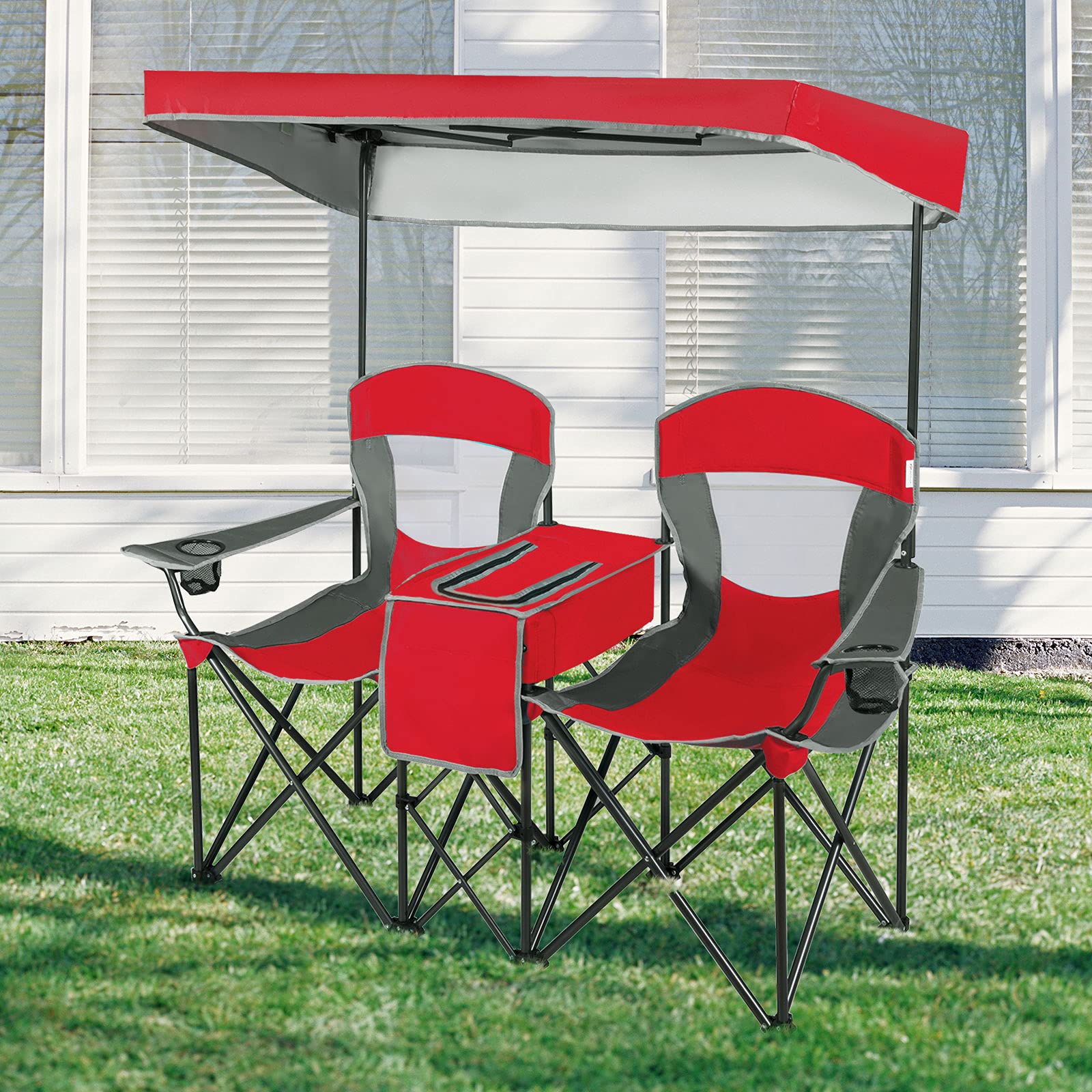 GYMAX outdoor chair shown in camping, beach, and festival settings.