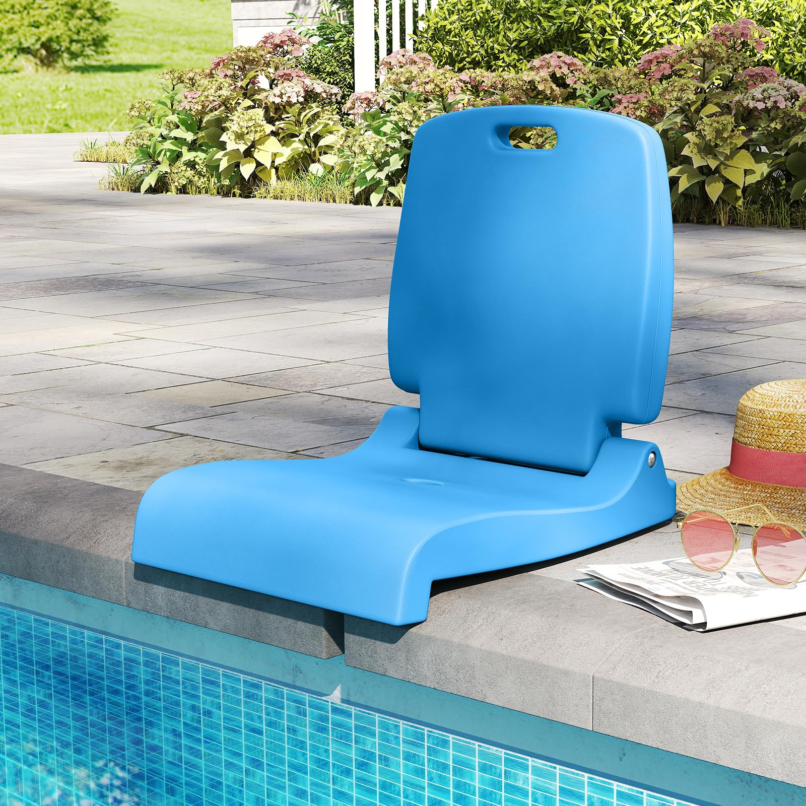 Close-up of drainage holes on the GYMAX poolside chair.