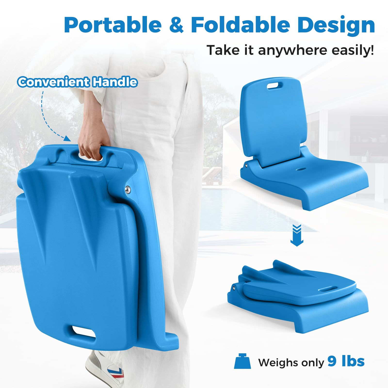 ERGONOMIC back support on the GYMAX poolside chair for long sits.