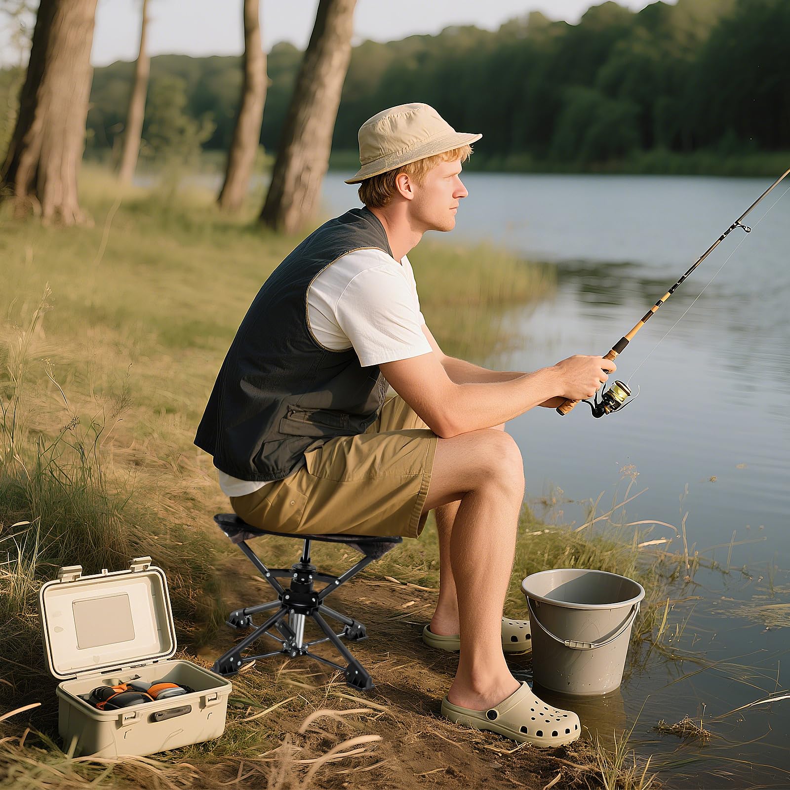 GYMAX 360° Swivel Camping Stool – Portable Folding Chair with Carry Bag