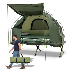 GYMAX tent cot setup demonstrates quick, compact camping shelter for solo adventures.