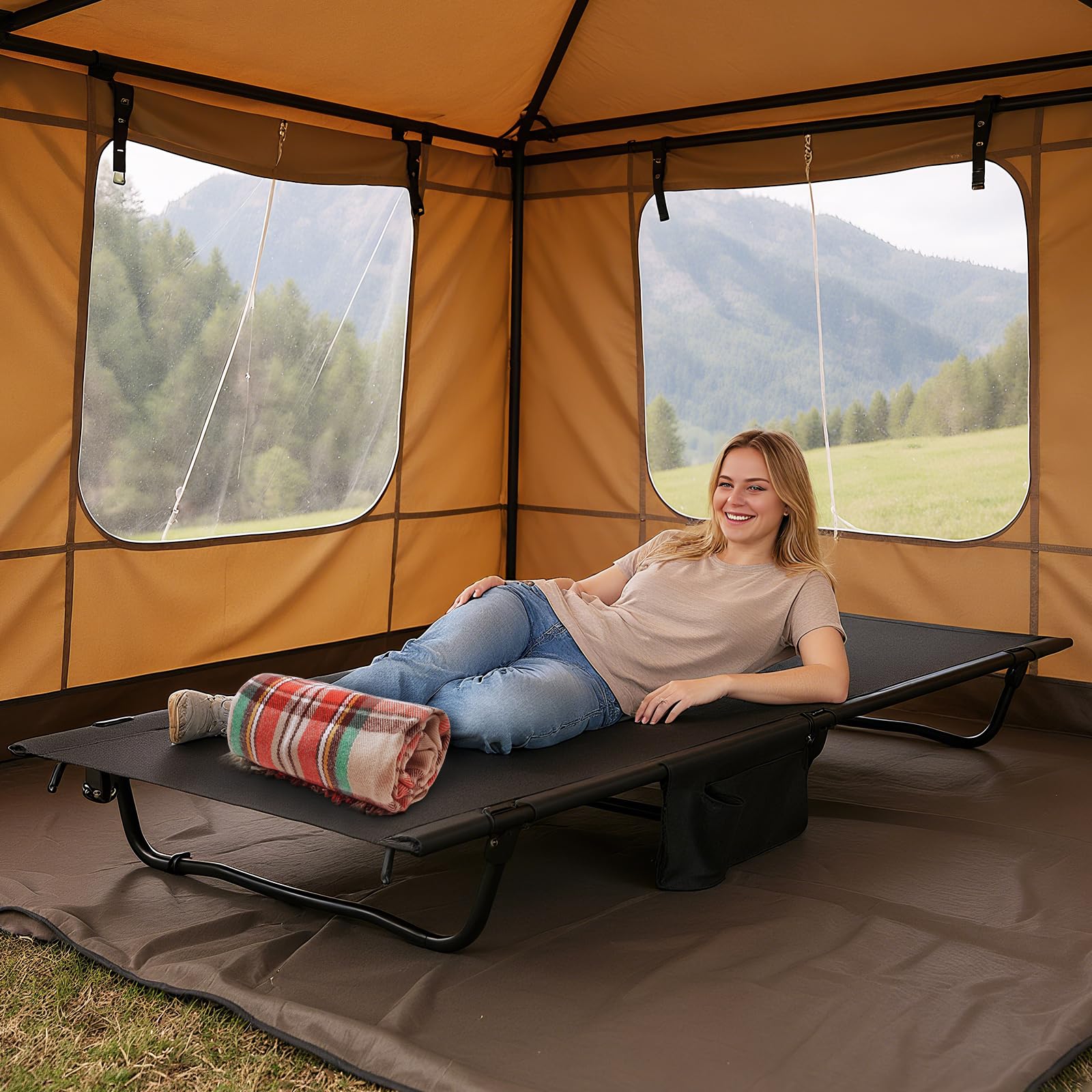 GYMAX camping cot with side storage pocket keeps essentials within reach