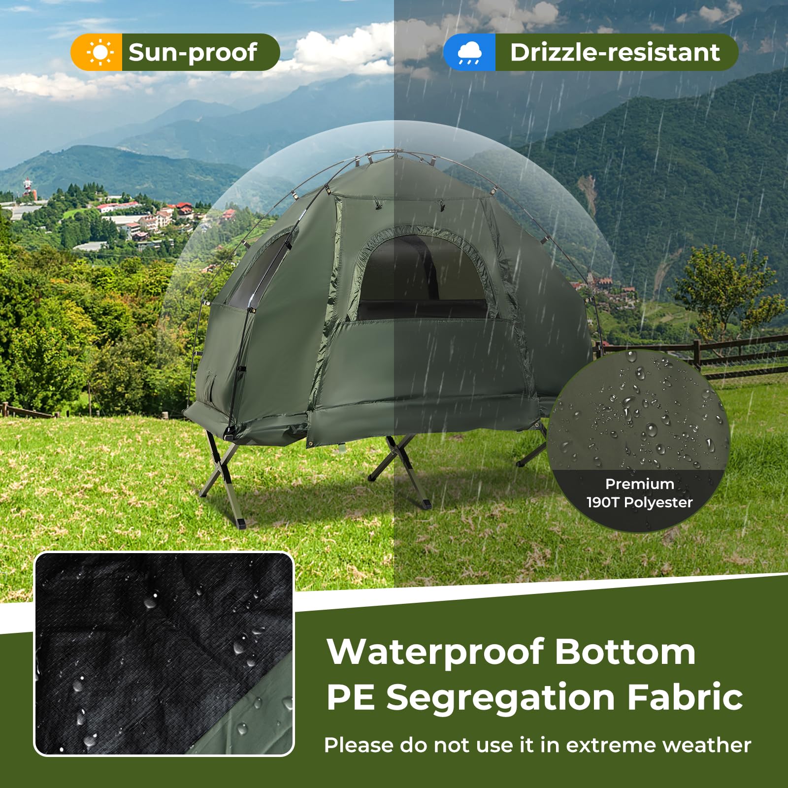 GYMAX water-resistant fabric feature demonstrates weather protection and versatility.