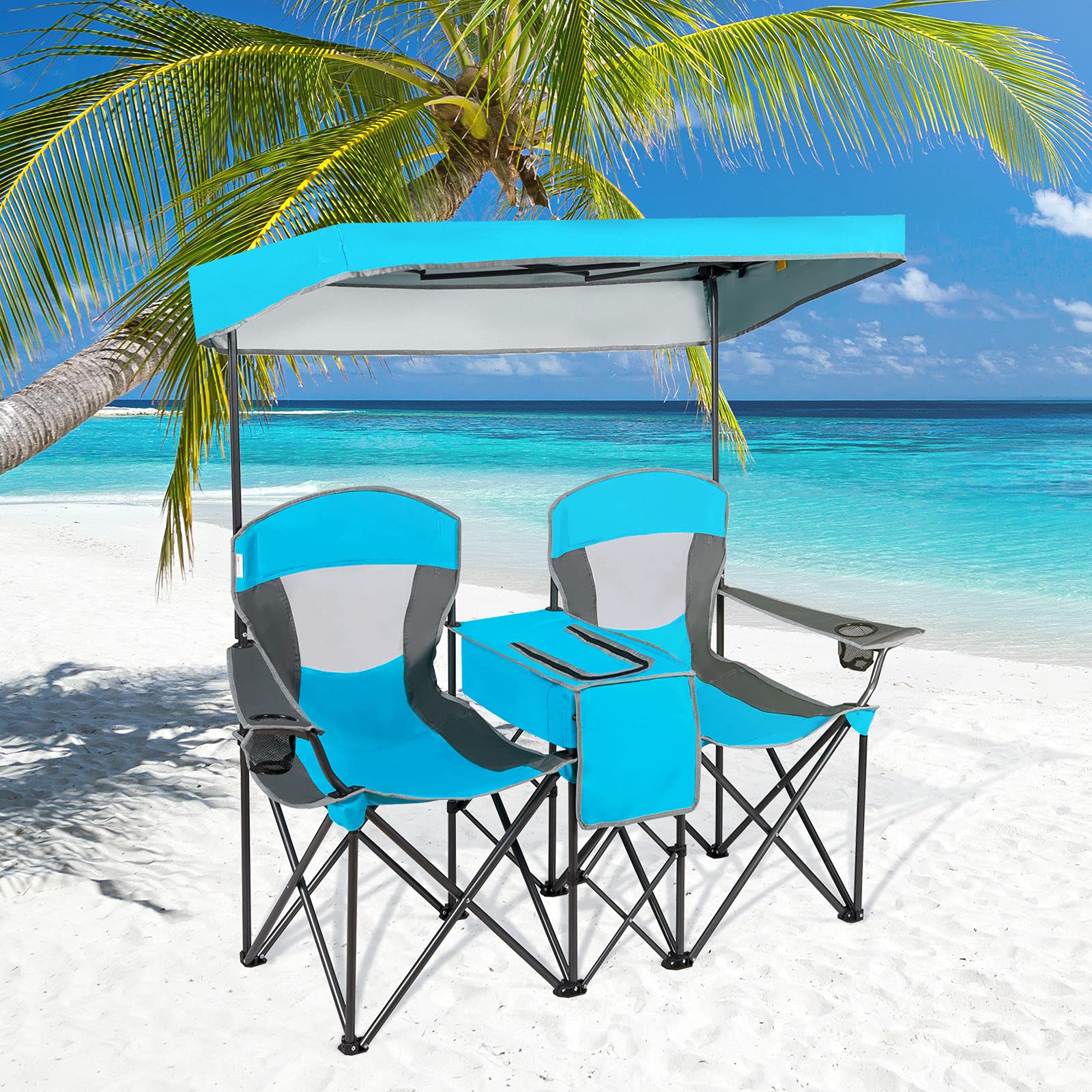 GYMAX blue two-person chair ideal for outdoor activities.
