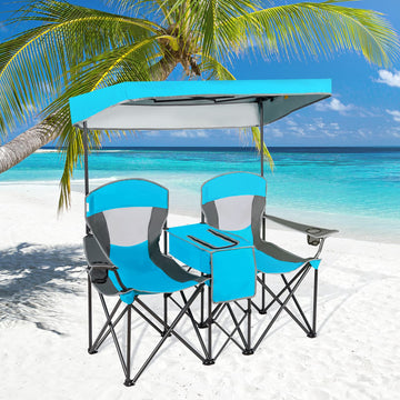 GYMAX blue two-person chair ideal for outdoor activities.