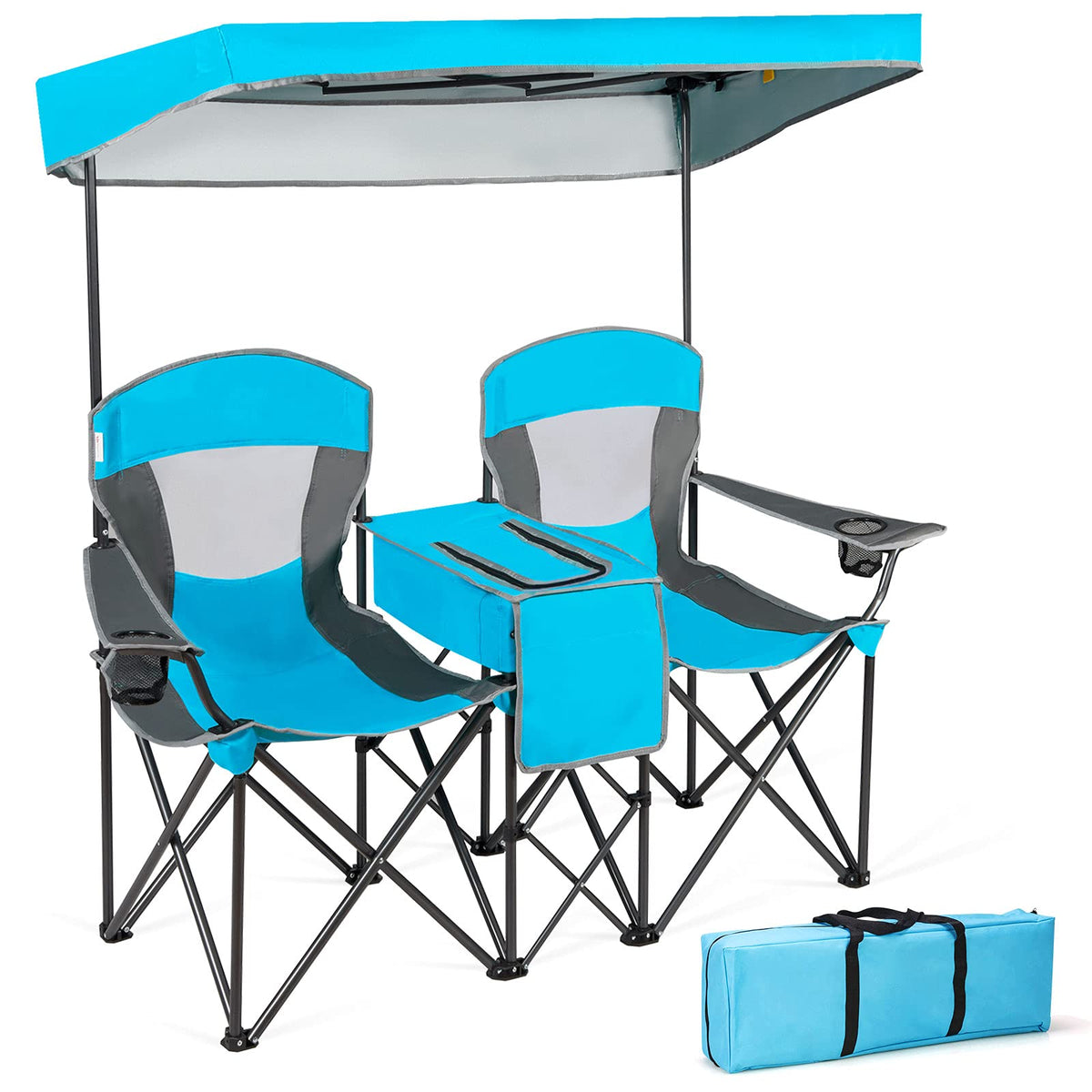 GYMAX double chair with canopy shade for outdoor sun protection.