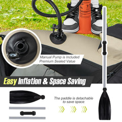 GYMAX inflatable fishing boat with paddle for efficient on-water maneuvering.