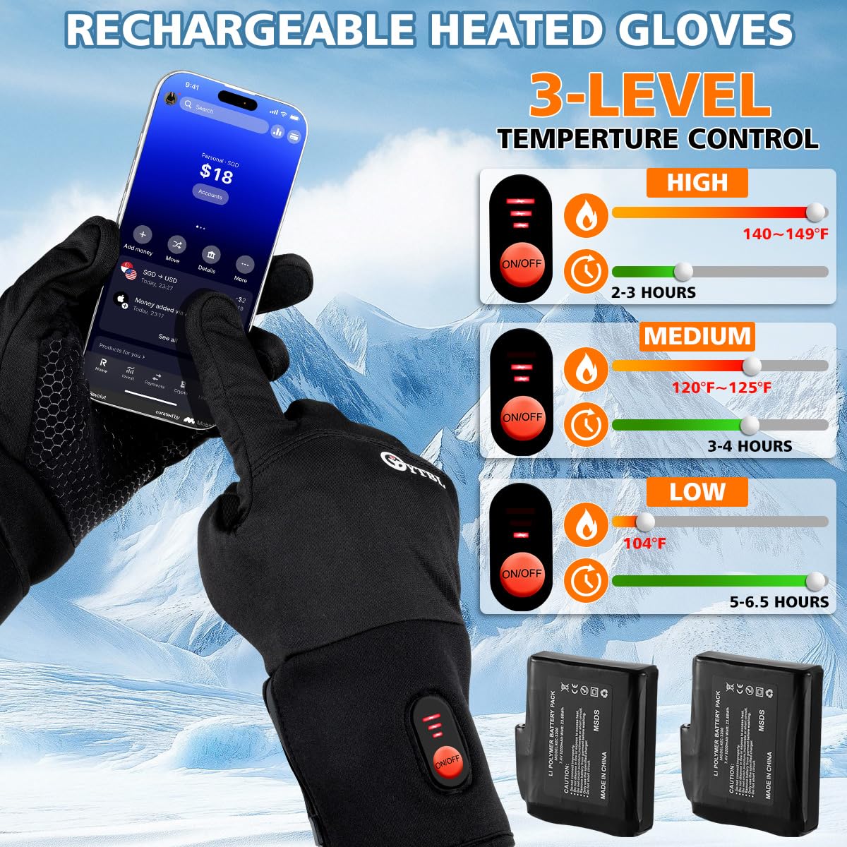 GYTBL heated gloves battery-pack long-lasting warmth in cold