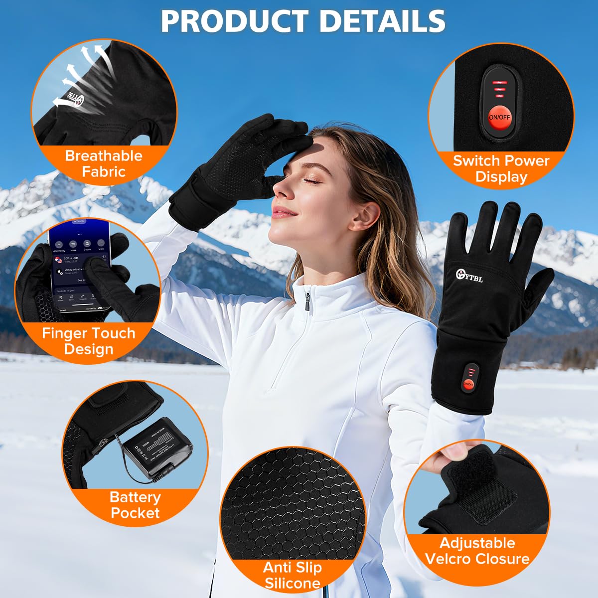 GYTBL heated glove liner touchscreen fingertips enable easy use