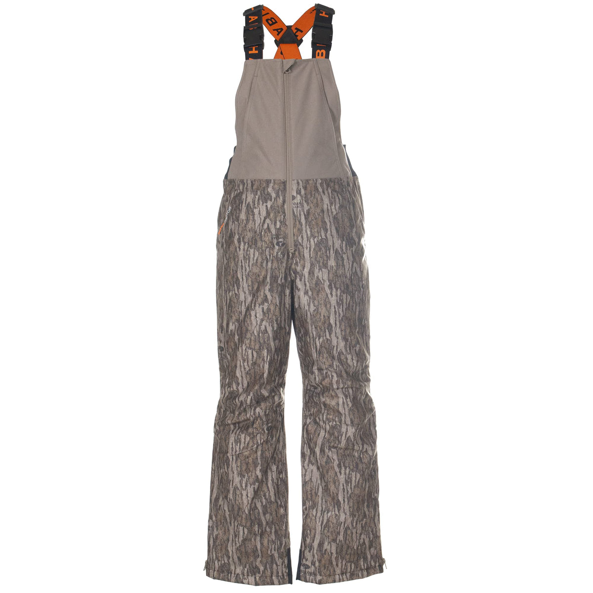 Habit Youth Cedar Branch insulated bib front view with Mossy Oak camouflage warmth