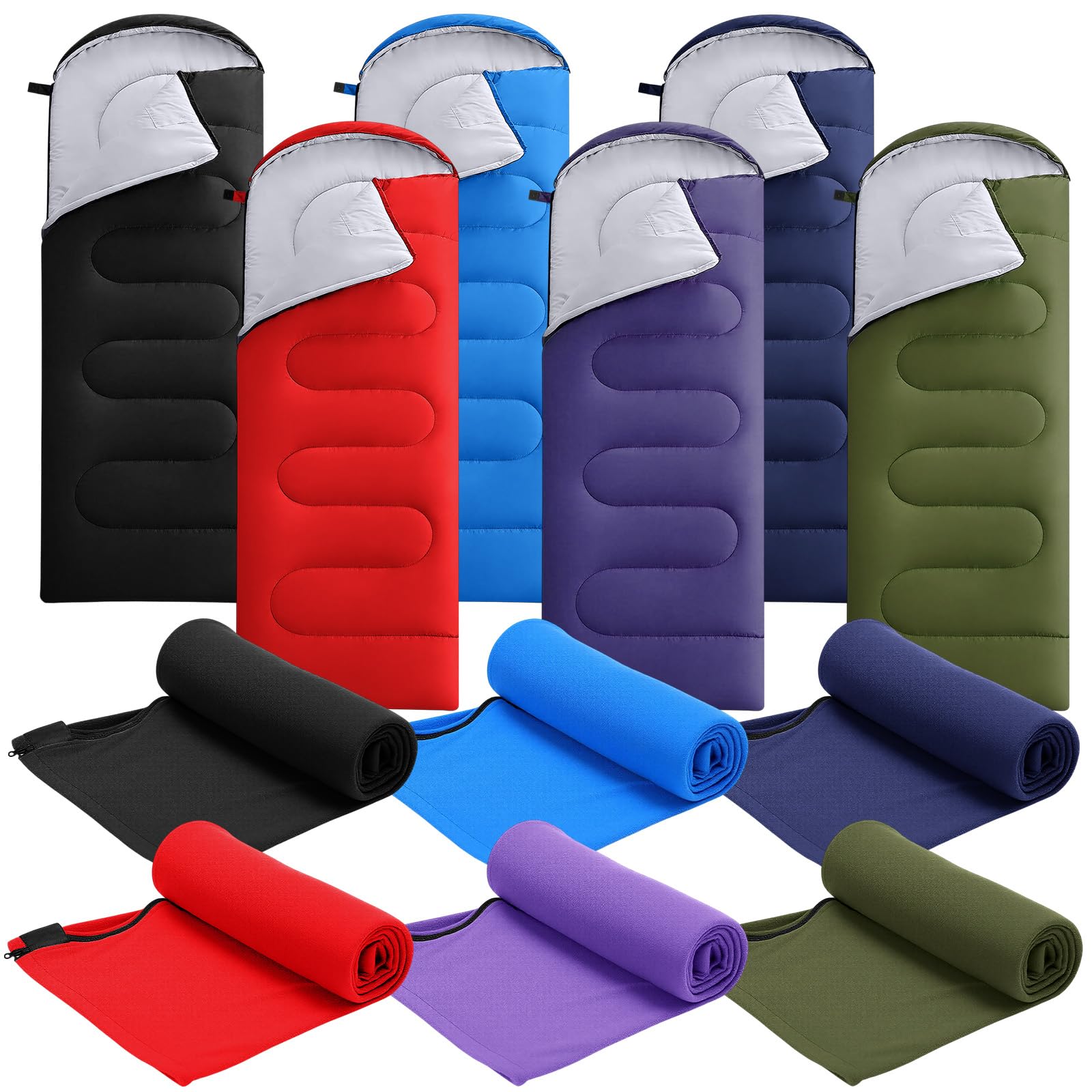 Hahafelt 6-pack camping sleeping bags in assorted colors ready for shelters or outreach.