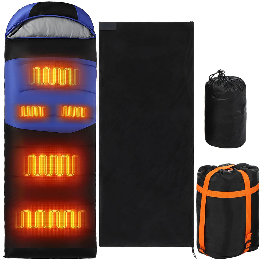 Hahafelt heated sleeping bag shows 4-zone heating panels for targeted warmth.