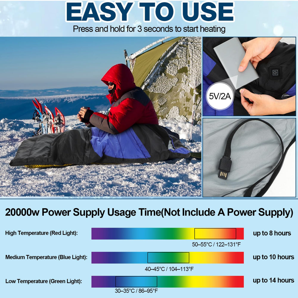 Hahafelt heated sleeping bag contains faux goose down for loft and warmth.