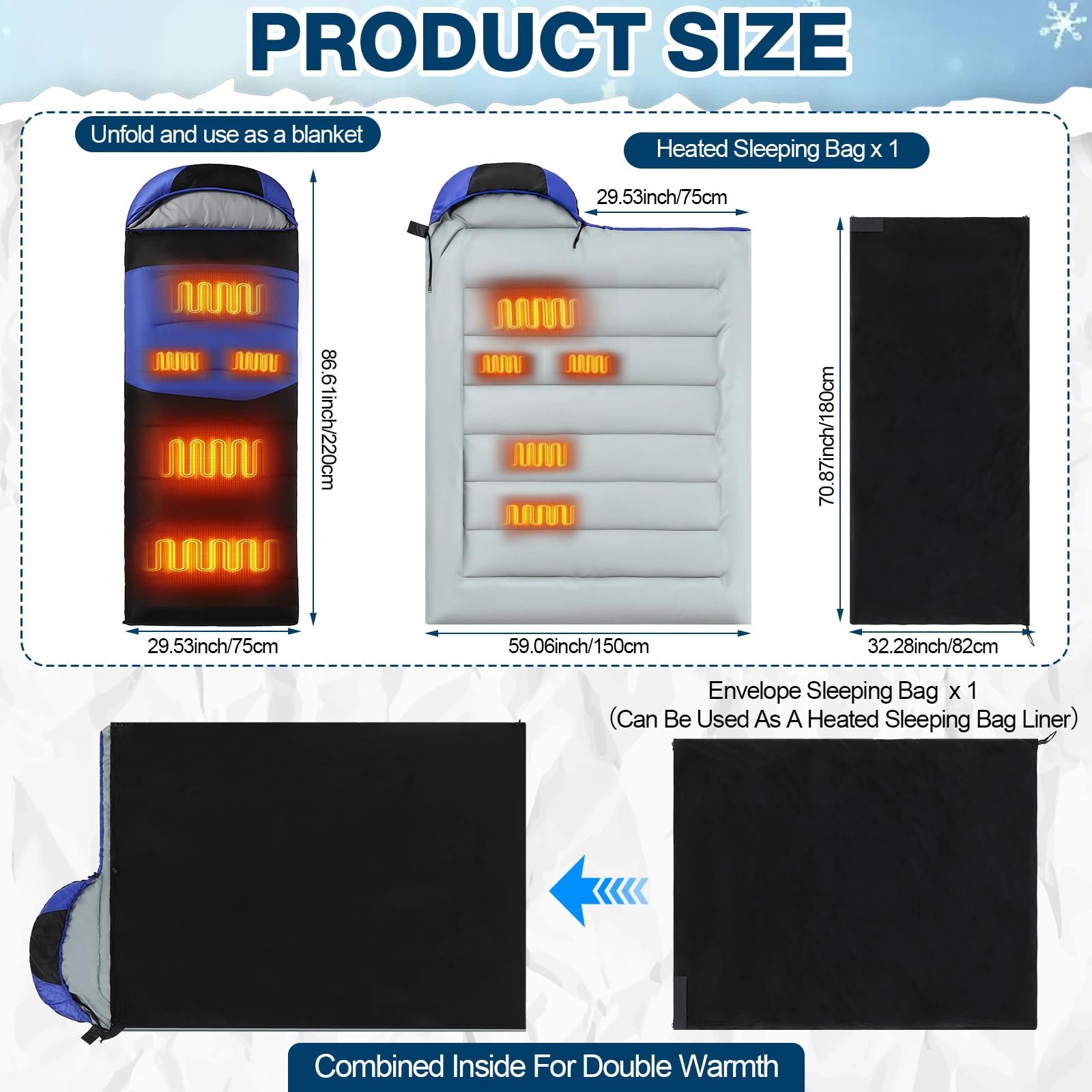 Hahafelt heated sleeping bag with three adjustable levels for customizable comfort in cold.