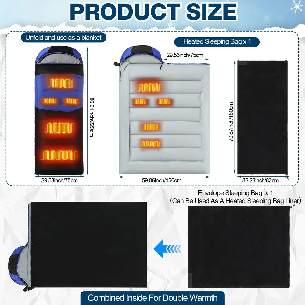 Hahafelt heated sleeping bag with three adjustable levels for customizable comfort in cold.