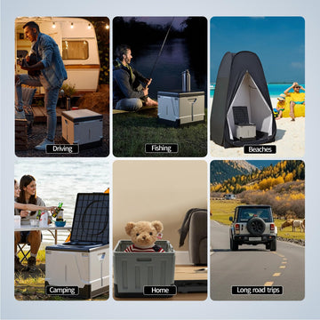 HAIGE XL portable toilet in car camping setup with storage bag.
