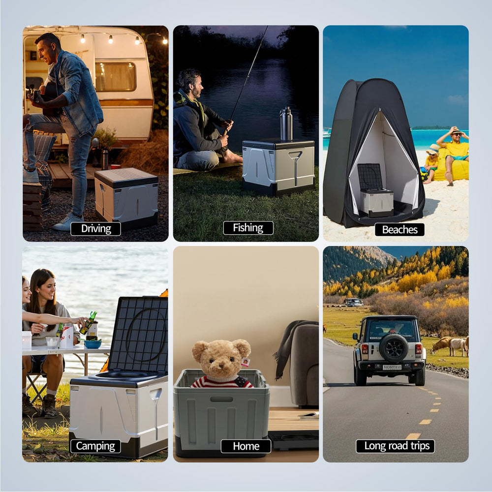 HAIGE XL portable toilet in car camping setup with storage bag.