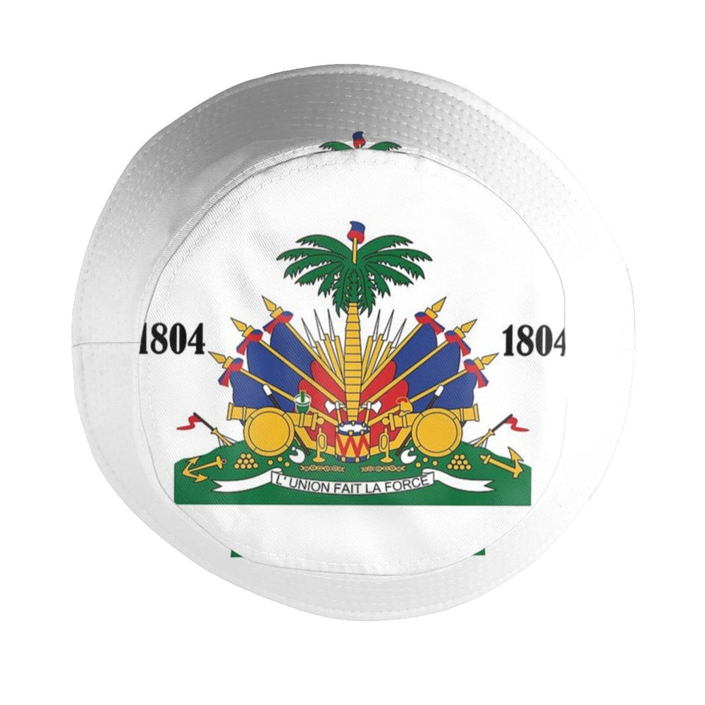 Wide brim Haiti flag bucket hat on model for outdoor wear