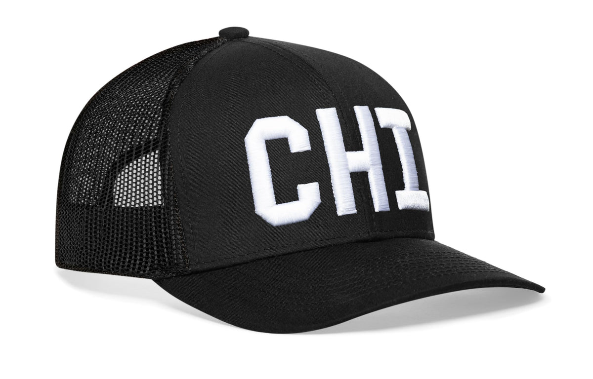 HAKA Chicago Black Trucker Hat front view with durable Chicago embroidery for daily style.