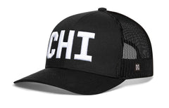 HAKA Chicago Black Trucker Hat side view showing breathable mesh back.