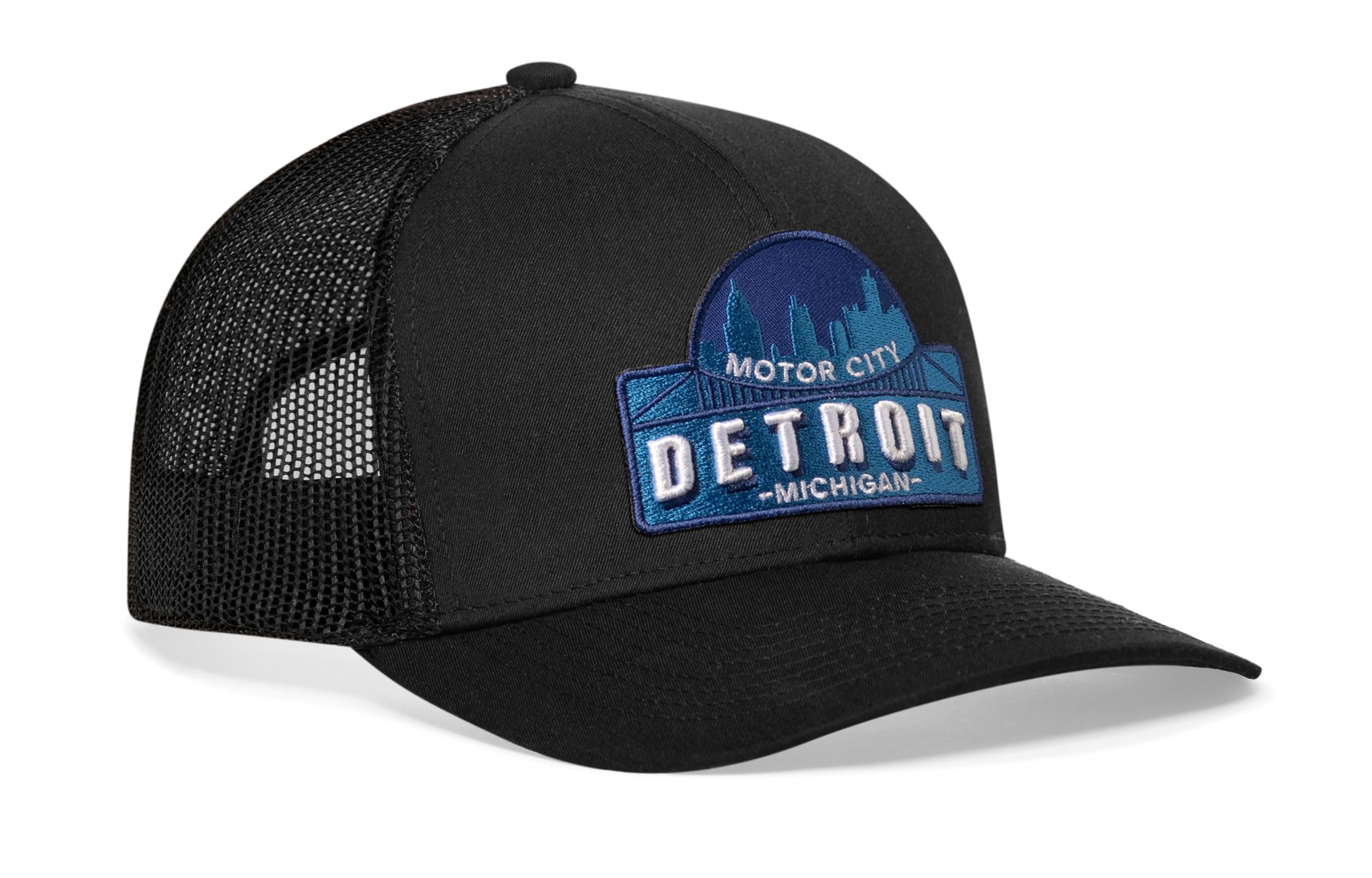 HAKA Detroit Black Trucker Hat patch close-up showcases bold city-inspired detail.