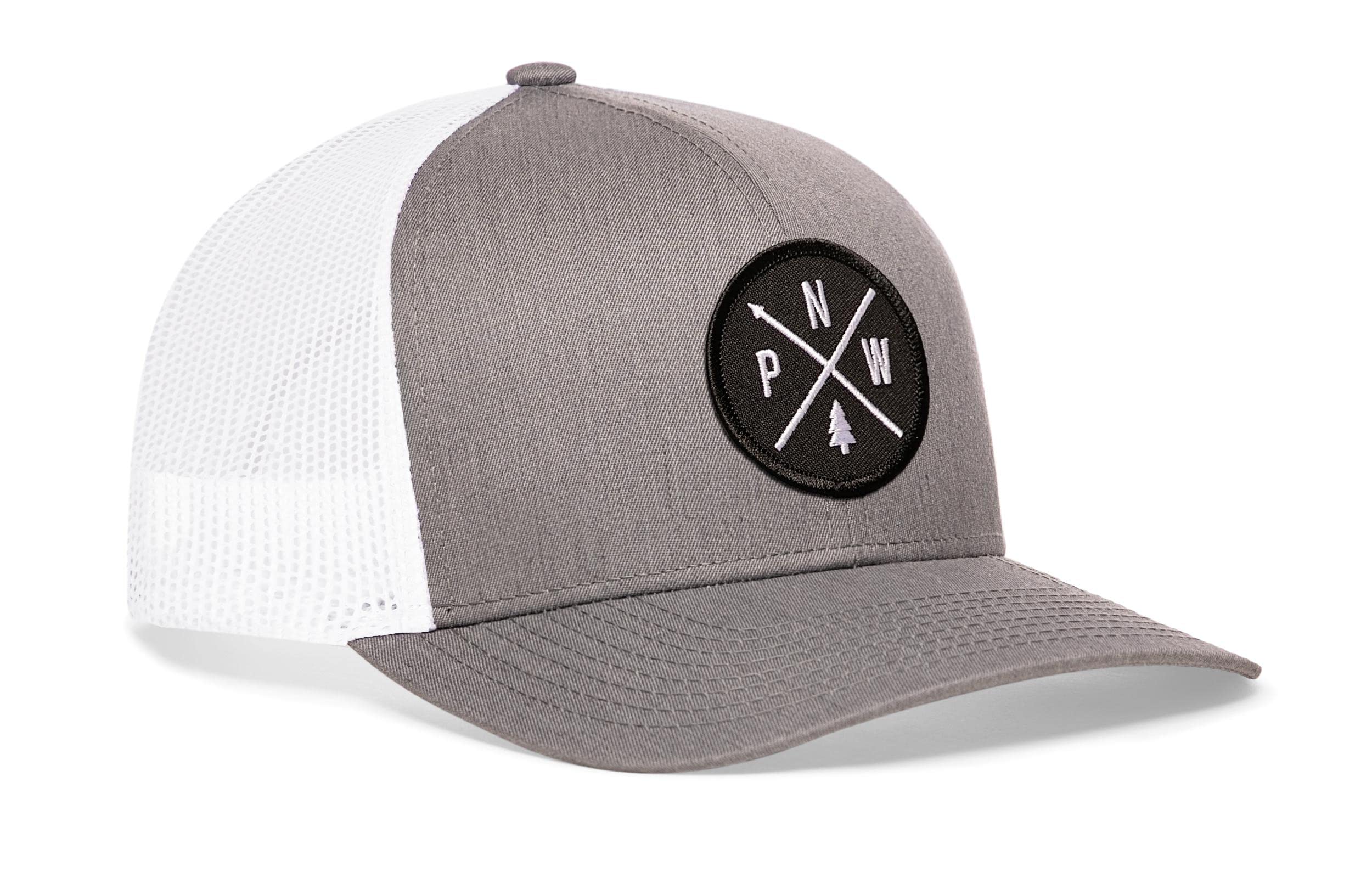 HAKA Pacific Northwest gray and white patch on cap, durable outdoor style for adventures.