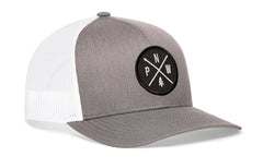 HAKA Pacific Northwest gray and white patch on cap, durable outdoor style for adventures.