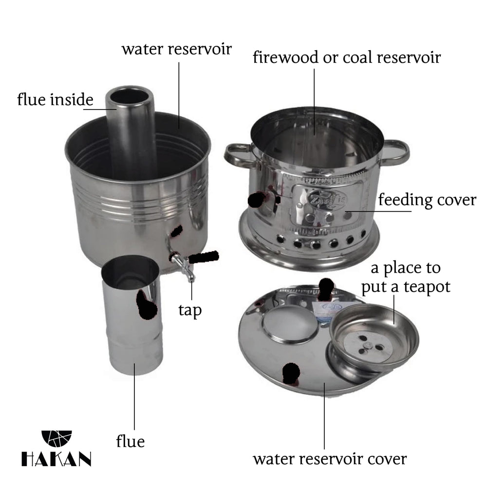 Hakan samovar lower fire chamber powered by wood or coal for authentic heat.