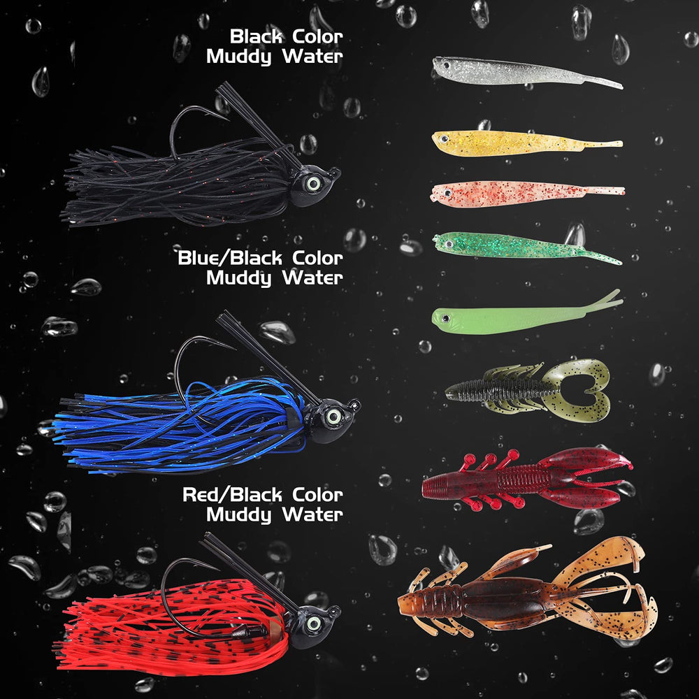 Swim Jigs with colored silicone skirts and soft trailers
